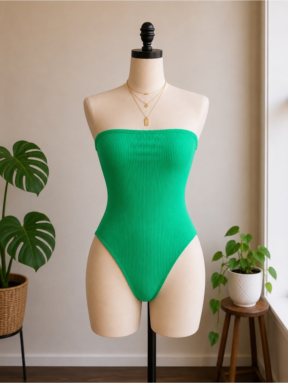 Forever 21 Ribbed Emerald Green Strapless One Piece Swimsuit | Size Large
